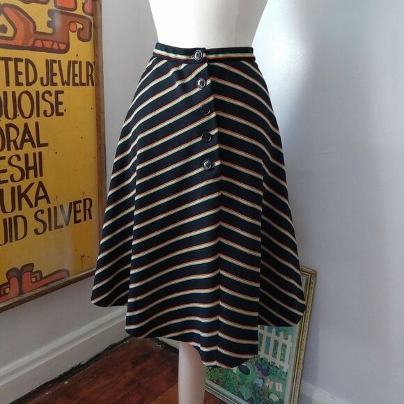 Vintage Black Striped Silver Sparkle A-Line Skirt - Picture 1 of 5
